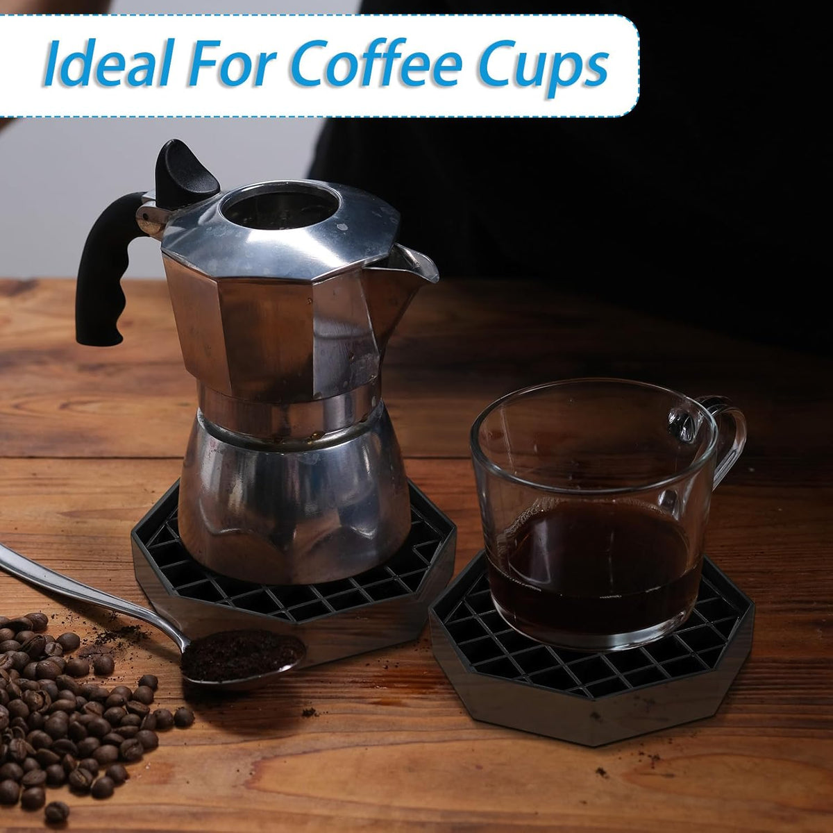 Suclain 8 Pcs 4 Inch Coffee Drip Tray Black Plastic Octagon Coffee Countertop Drip Coaster with Honeycomb Grid for Drink Tea Wine Beverage Dispenser