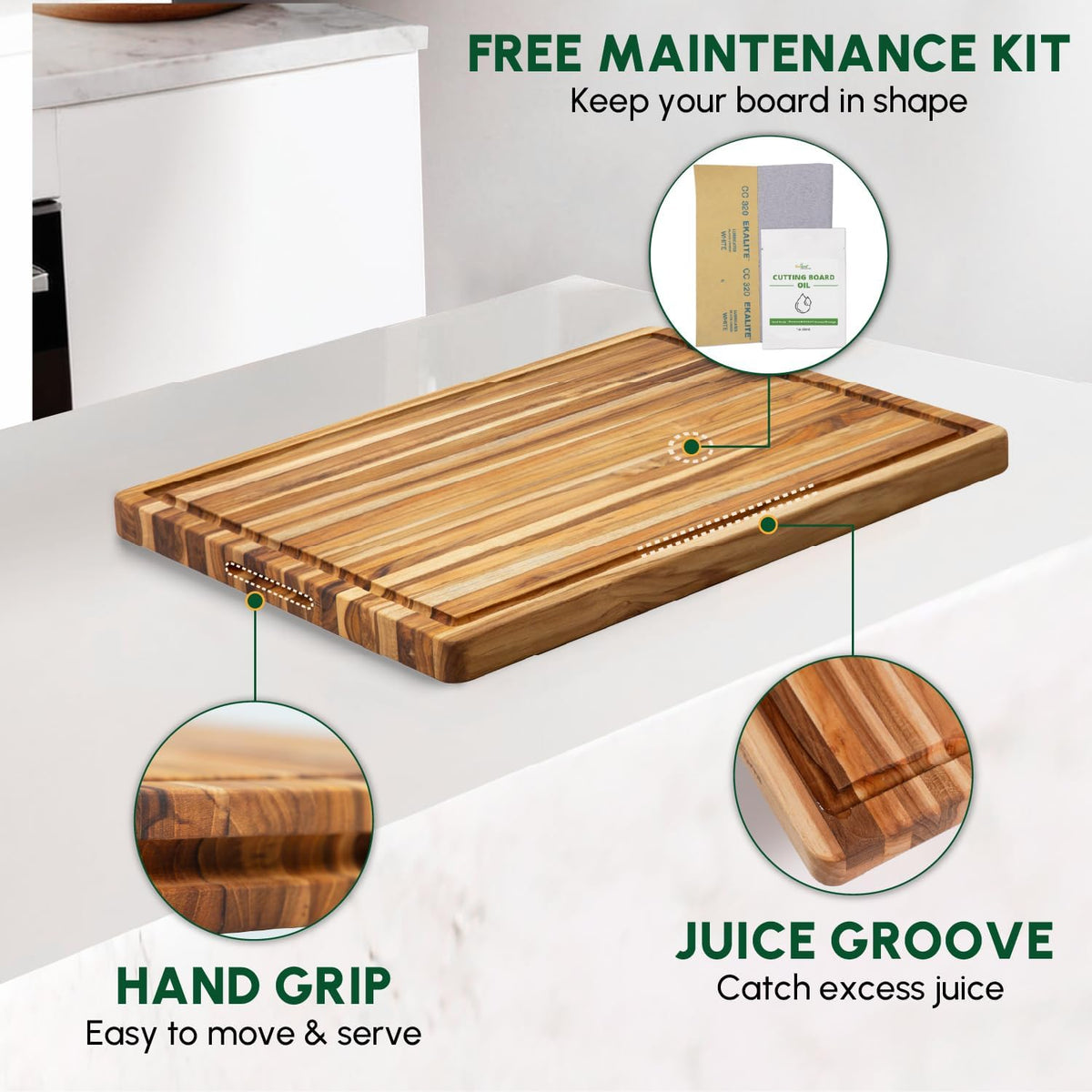 BEEFURNI Teak Wood Cutting Board with Juice Groove Hand Grip (L, 22x16x1.25"), Large Wooden Cutting Boards for Kitchen, Chopping Board Wood, Mother's Day Gifts, 1 Year Manufacturer Warranty