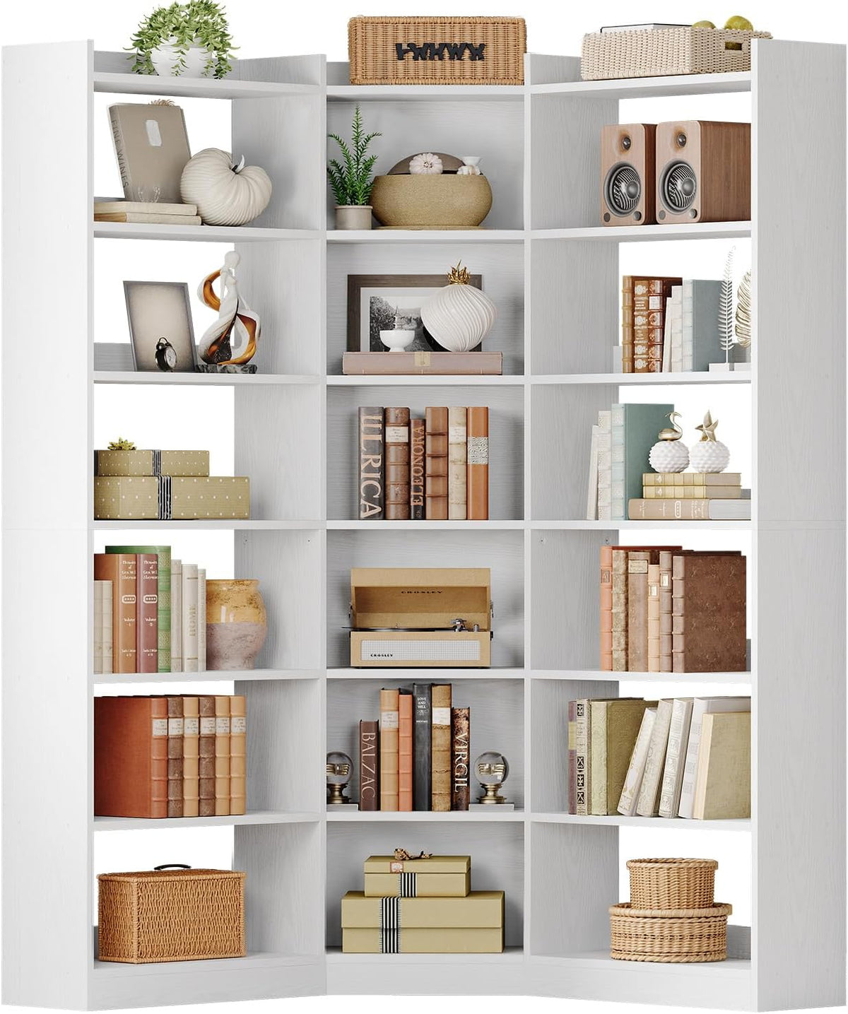 IRONCK Corner Bookshelf, 7-Tier Bookshelf with Storage, Corner Bookcases with Baffles Etagere Shelf for Living Room Home Office Bedroom, White