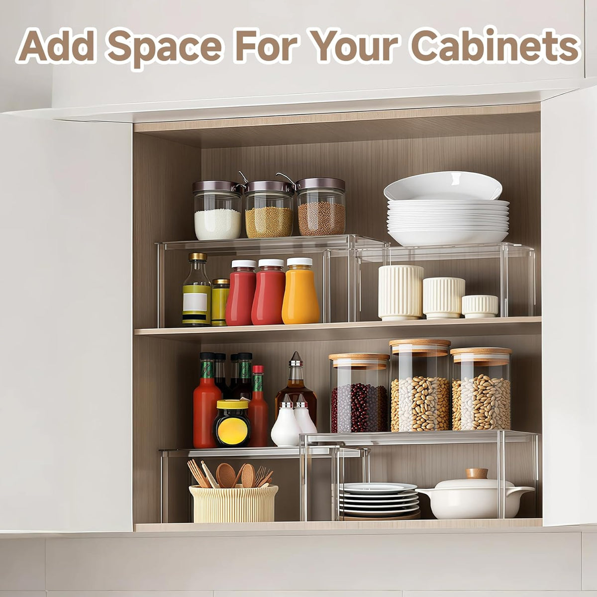 Clear Kitchen Cabinet Organizer, Set of 2 Stackable Spice Rack, Acrylic Shelves for Pantry Organizers and Storage, Tiered Spice Organization for Cabinet, Shelf Organizer for Desk Countertop