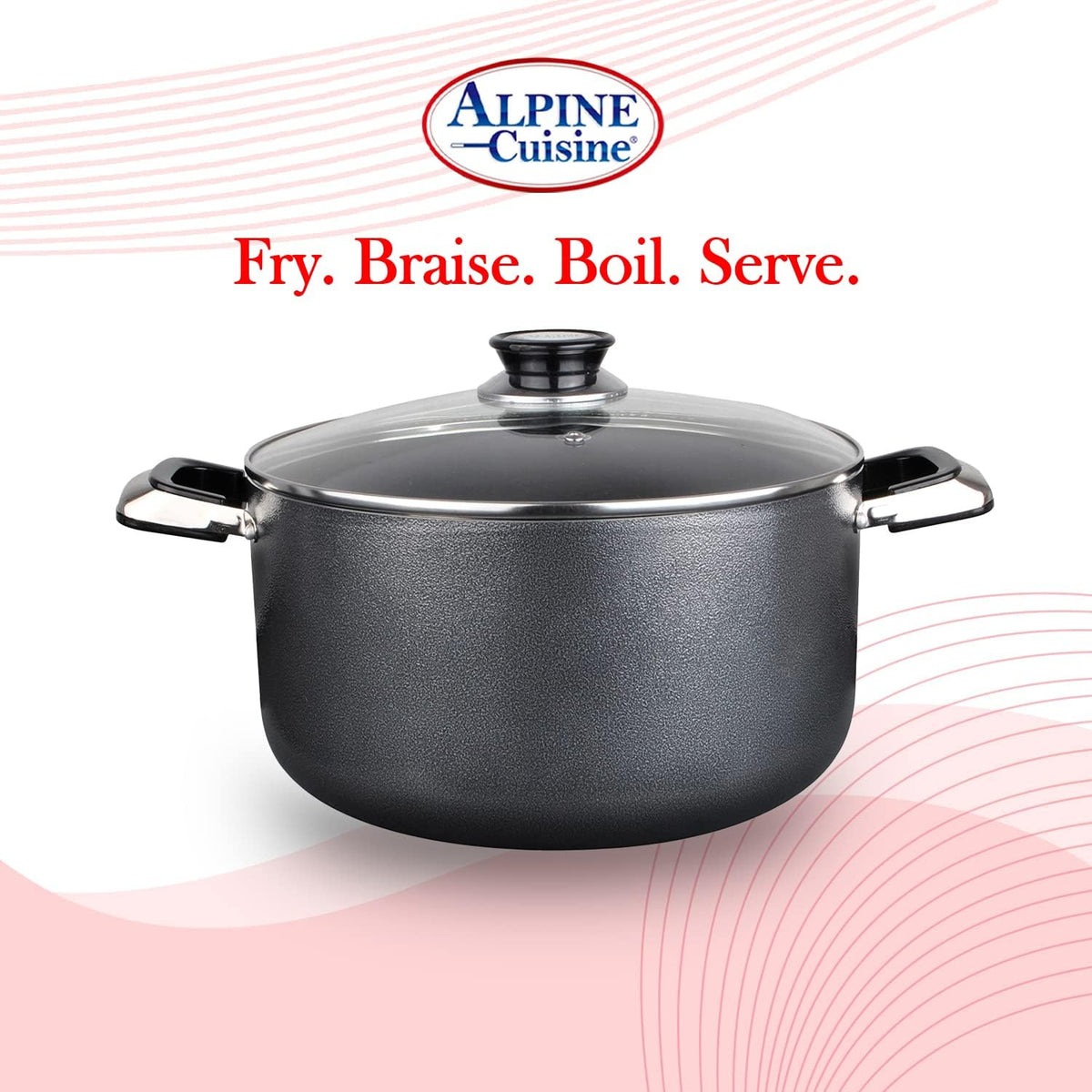 Alpine Cuisine 24 Quart Non-stick Stock Pot with Tempered Glass Lid and Carrying Handles, Multi-Purpose Cookware Aluminum Dutch Oven for Braising, Boiling, Stewing