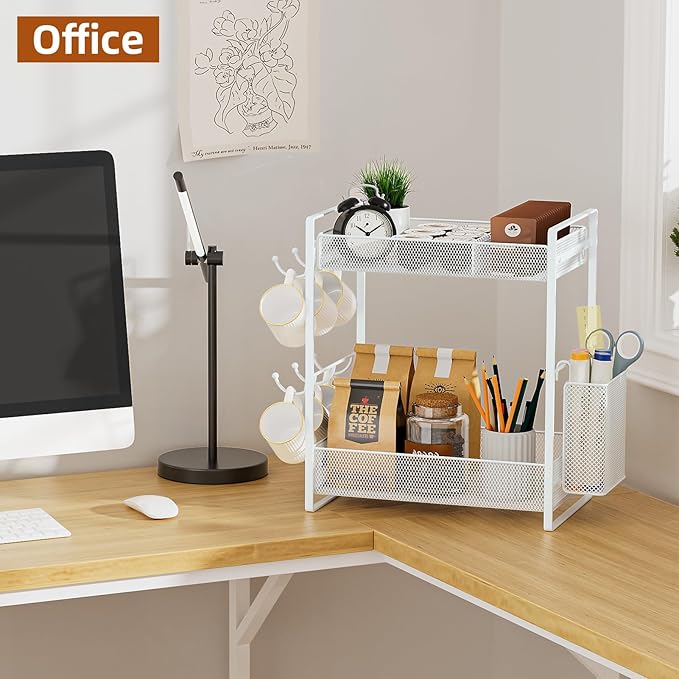 VITVITI Coffee Bar Organizer with Mug Holder, Metal Coffee Station Organizer for Countertop, 2 Tier Cup Mug Holders Rack with Basket for Kitchen Office, White