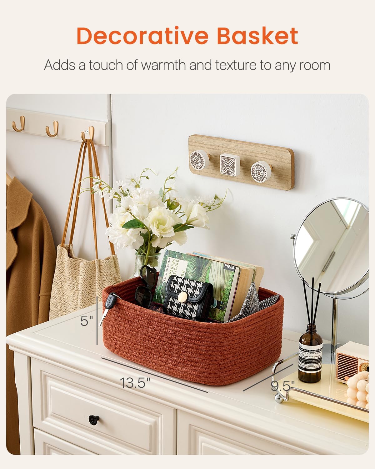 Small Woven Basket, 13.5 x 9.5 x 5 Inches, Storage Basket for Organizing, Cute Small Rope Shelf Closet Cube Storage Bins Baskets for Shelves, Dog Toy Gift Baskets Empty, 3 Pack Rust Red