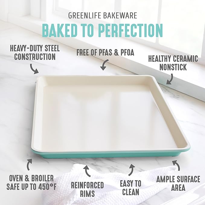 GreenLife 13" x 9" Quarter Sheet Baking Pans, 2 Piece Bakeware Set, PFAS-Free Ceramic Nonstick Rectangular Cookie Trays, Oven Safe to 450°F, Even Heating, Easy Clean Ovenware, Turquoise