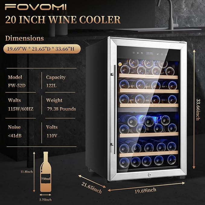Wine Fridge,52-bottle Wine Cooler Refrigerators Freestanding Wine Refrigerator,(Bordeaux 750ml) Dual Zone Compressor Wine Chiller