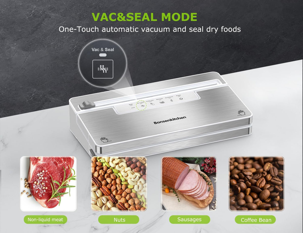 Bonsenkitchen Vacuum Sealer Machine, Stainless Steel Food Sealer Vacuum Sealers with 30 Bags & 1 Roll, 5 Food Vacuum Modes, Built-in Cutter & Bag Storage (White Silver)