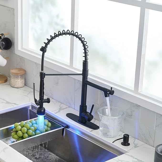 Fapully Commercial Kitchen Faucets with Pull Down Sprayer Matte Black LED Single Handle Faucet for Kitchen Sink, Kitchen Faucet with Soap Dispenser and Deck Plack for 4 Hole