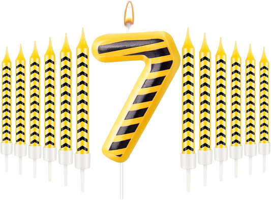 13 Pcs Construction Themed Birthday Candles Set Yellow and Black Number 7 Candle Cake Topper for Construction Party Decoration Supplies (Number 7)