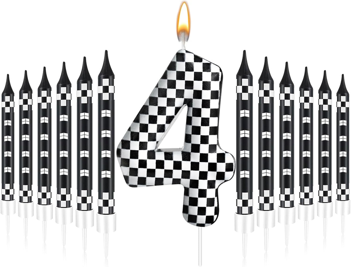 13 Pcs Racing Cars Themed Birthday Candles Black and White Race Number 4 Checkered Candle Cake Topper for Racing Car Party Decoration Supplies (Number 4)