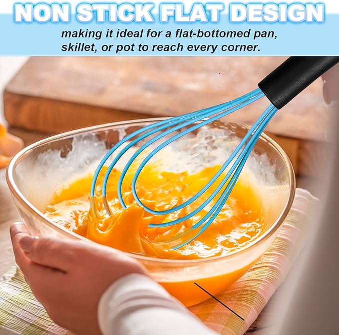 Anaeat Silicone Kitchen Whisk Set of 4, Perfect for Non-Stick Cookware, Milk and Egg Beater Blender for Whisking, Cooking, Baking, Beating - 11'' Flat Whisk and 8.5''+10.5''+12'' Balloon Whisks (Blue)