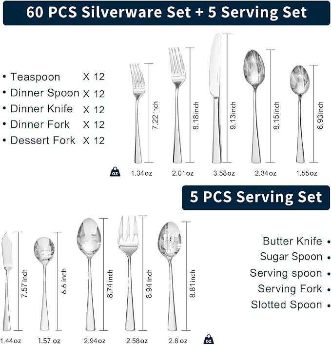 KINGSTONE Silverware Set for 12, 65-Piece Forged 18/10 Stainless Steel Flatware Set, Mirror Finish Cutlery Set Dishwasher Safe for Home, Restaurant, Wedding, Party
