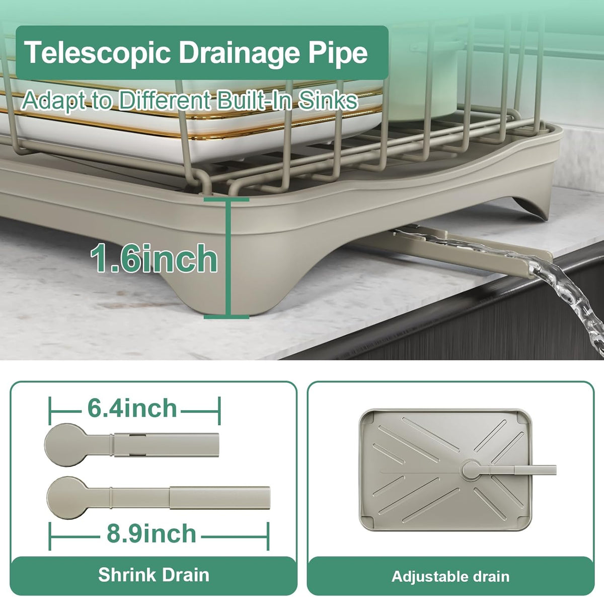 Kitchen Dish Drying Rack – Large Capacity Single Tier Dish Drainer with Drainboard & Utensil Holders, Kitchen Organizer for Dishes, Spoons and Forks, Grey