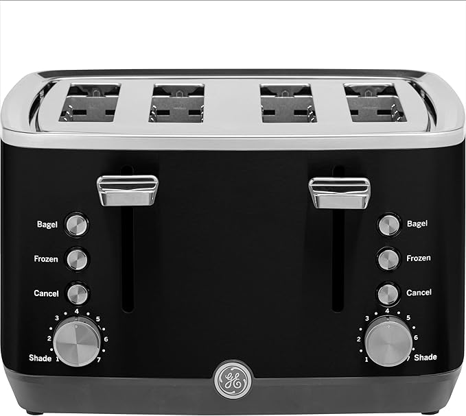 GE 4 Slice Toaster | Extra Wide Slots for Bagels, Breads, Waffles & More | 7 Shade Options | Countertop Kitchen Essentials | 1500 watt, Black