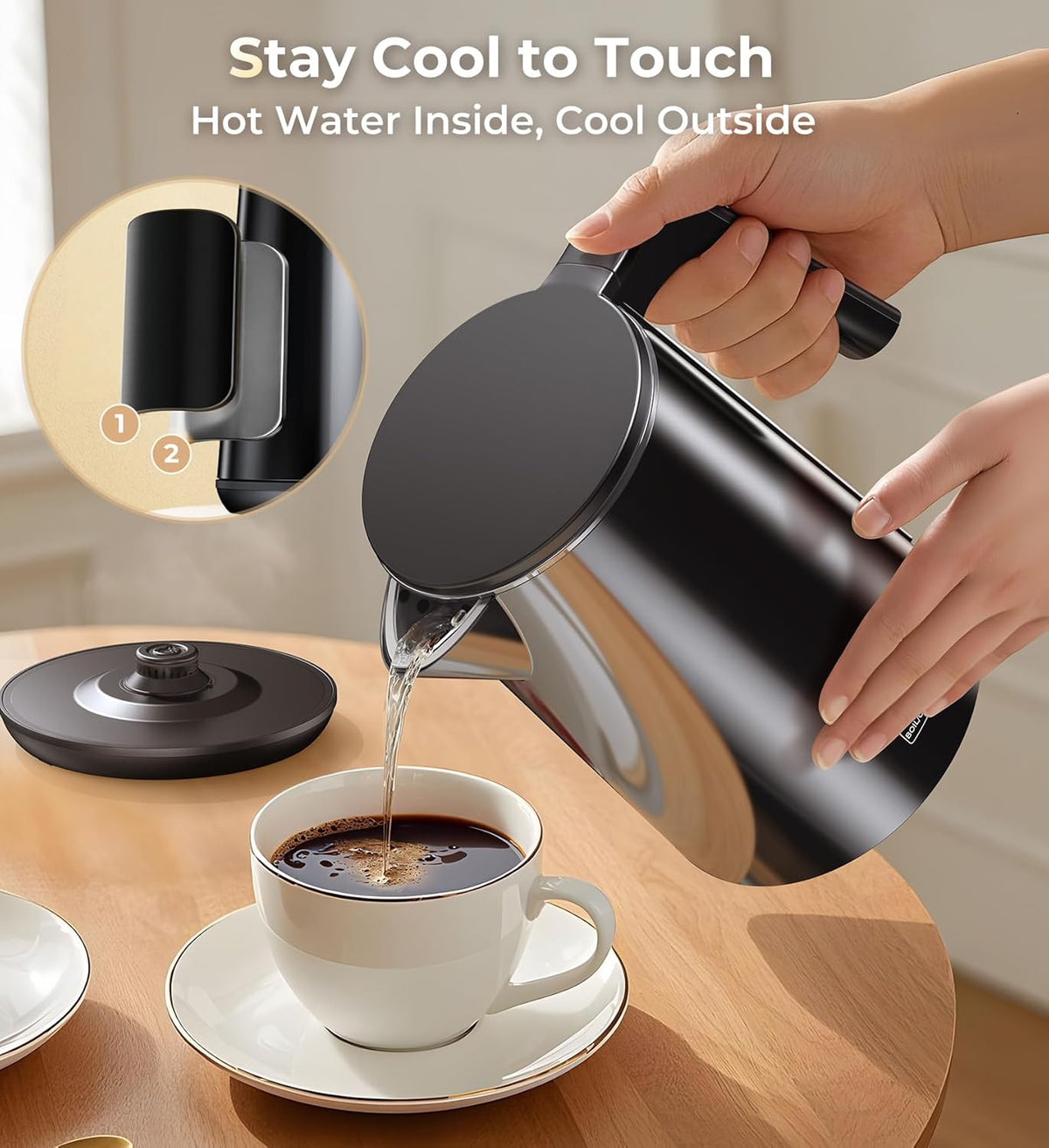 Electric Kettle 1.0L 1200W, 7 Temp Settings, 4H Keep-Warm, Fast-Boil Stainless Steel Electric Tea Kettle, 120V Water Boiler with Auto-Shut Off, Cool Touch PP Exterior for Home Office, Black