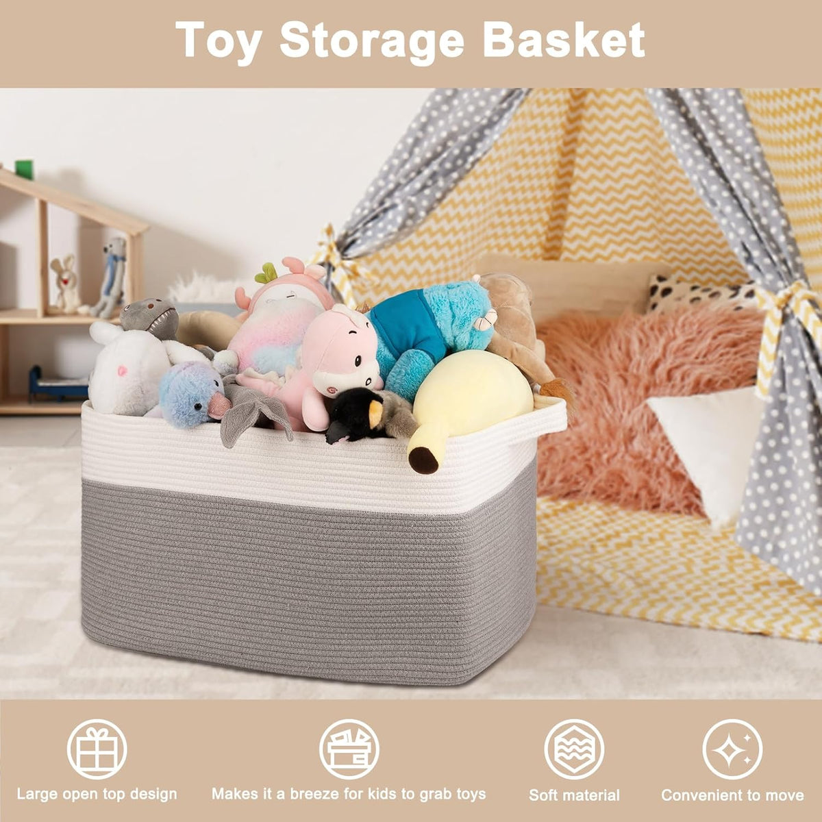 OIAHOMY 95L Blanket Basket, 24”x17”x14”, Large Woven Baskets for Storage, Nursery Cotton Rope Basket with Handle, Living Room, Nursery, Bedroom,Toy Baskets Organizer Bins, Grey & White