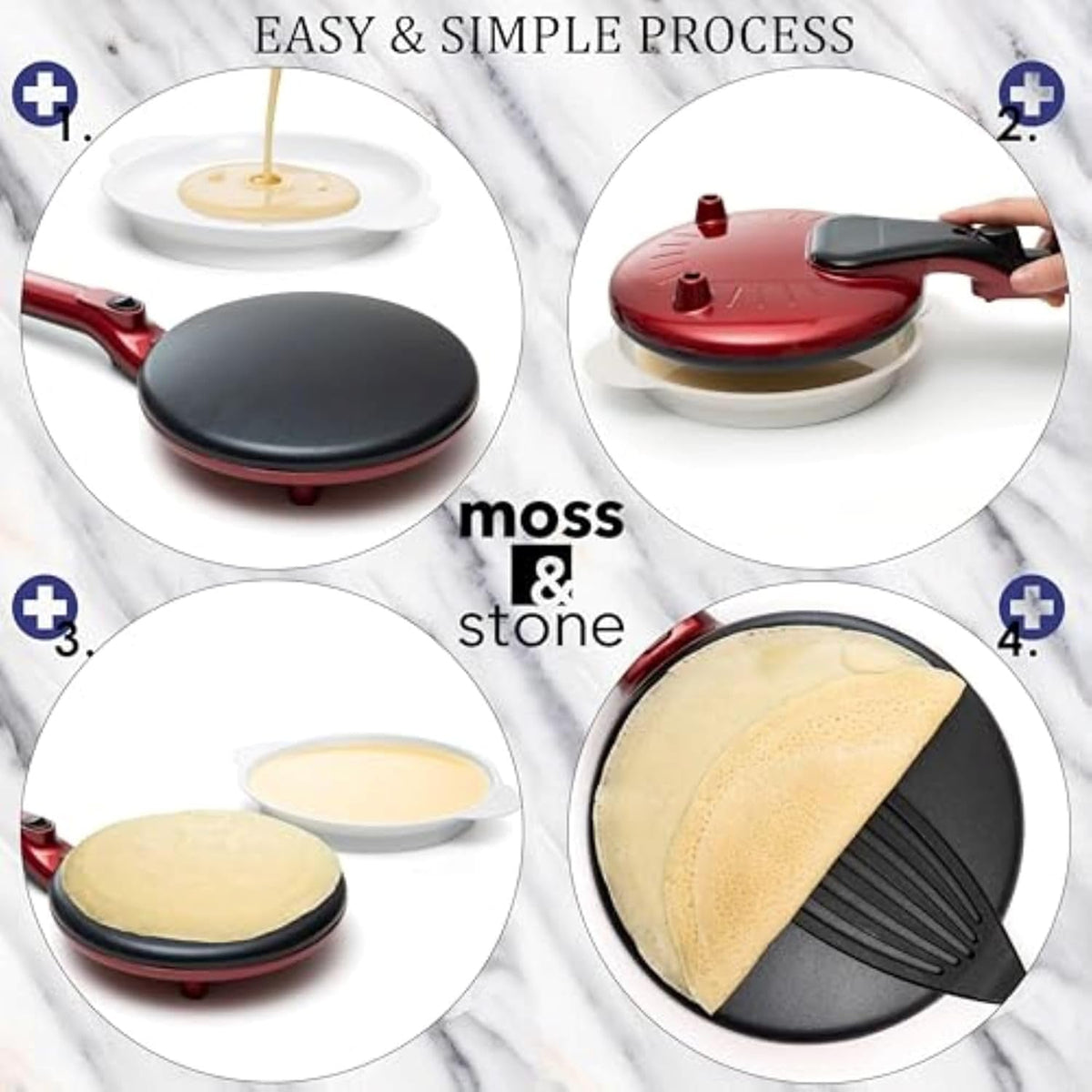 Moss & Stone Electric Crepe Maker 8 Inch, Portable Crepe Maker & Hot Plate Cooktop On/Off Switch, Nonstick Coating, Dual Temperature Setting, Easy To Use For Pancakes, Blintz, Chapati