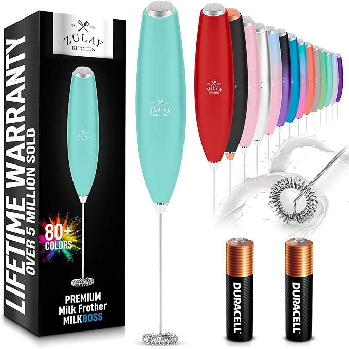 Zulay Kitchen Milk Frother Handheld Electric Whisk with AA Duracell Batteries – Durable Drink Mixer for Coffee, Lattes, Cappuccinos & More - Mint