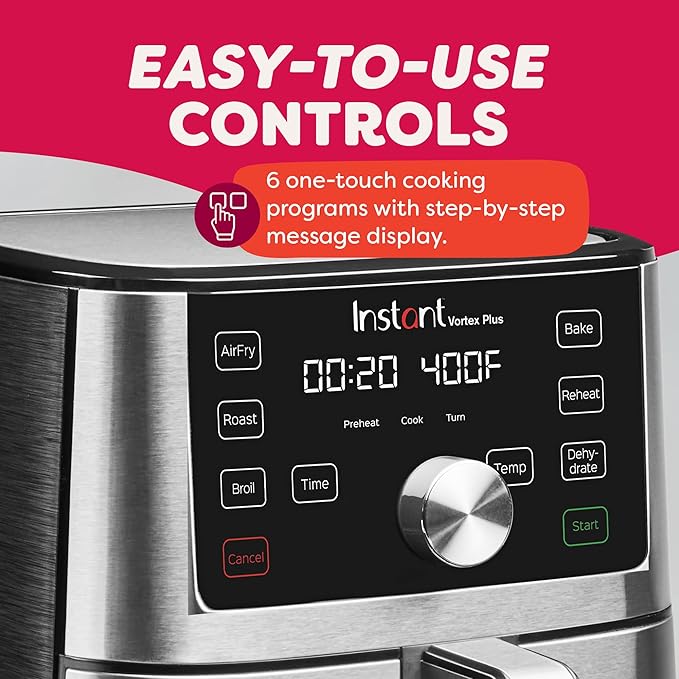 Instant Pot 6QT VORTEX Plus Air Fryer, 6-in-1, Air Fry, Broil, Dehydrate, Crisp, Roast, Reheat, Bake, Dishwasher-Safe Airfryer basket, from the Makers of Instant Pot, Stainless Steel