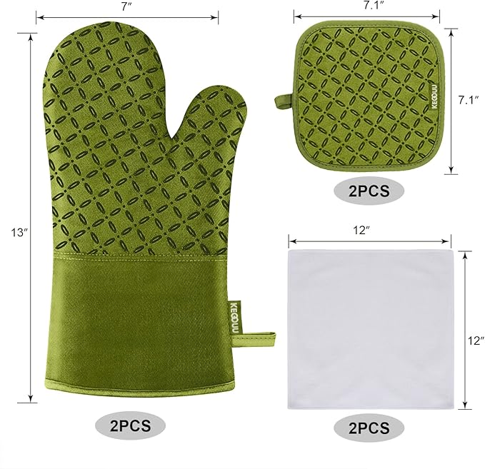 KEGOUU Oven Mitts and Pot Holders 6pcs Set, Kitchen Oven Glove High Heat Resistant 500 Degree Extra Long Oven Mitts and Potholder with Non-Slip Silicone Surface for Cooking (Olive Drab)