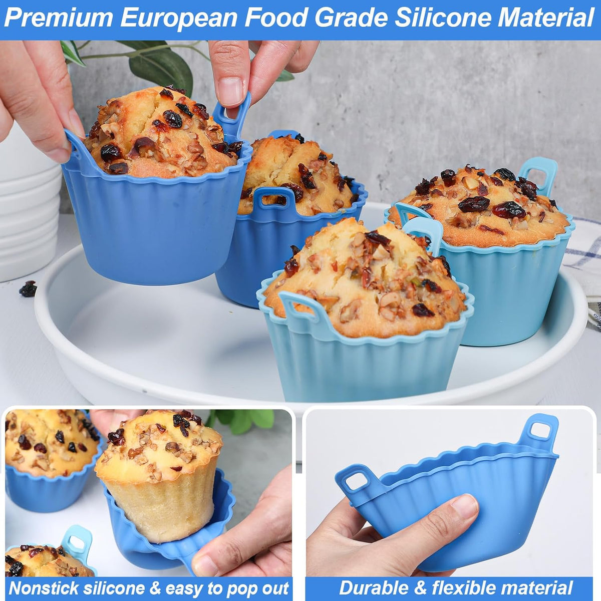 Koluti Reusable Silicone Baking Cups Set of 4, Nonstick Muffin Cupcakes Mold with Double Handle, BPA Free, Small Round Air Fryer Cupcake Liners, 2 Color