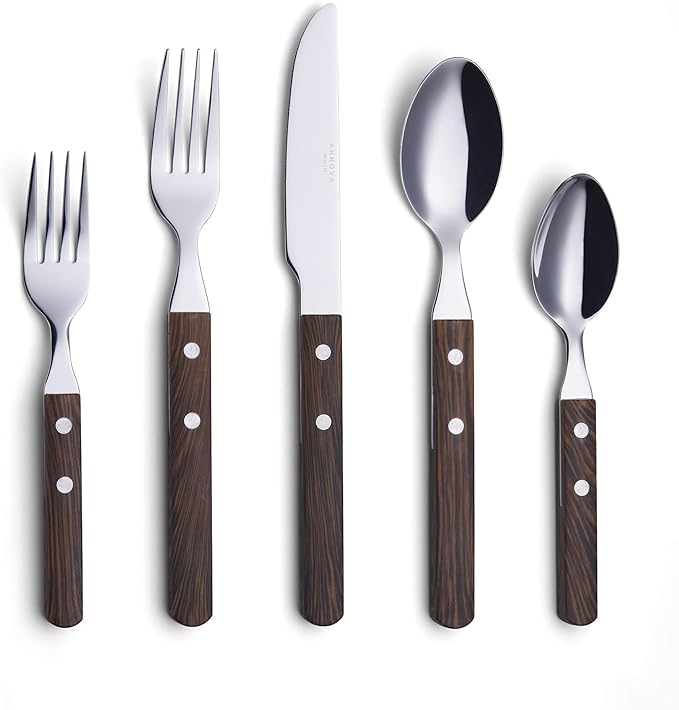ANNOVA 20 Piece Silverware Set, Service for 4, Stainless Steel Retro/Rivet Walnut Wood Tableware Kitchen Flatware Set Utensils, Includes Dinner Knives, Forks, Spoons, Salad Forks & Dessert Spoons