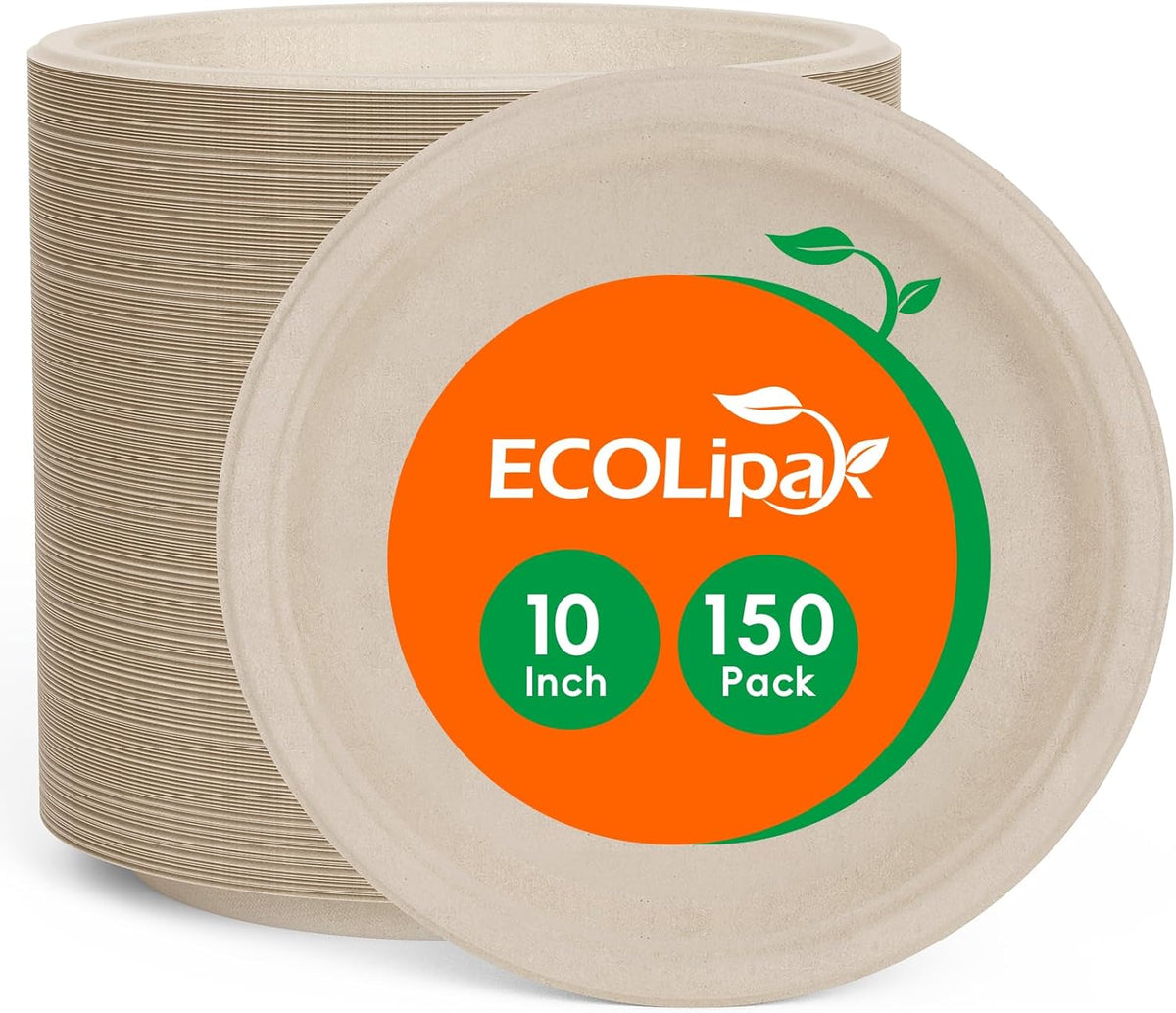 ECOLipak Paper Plates 10 Inch, 150 Pack Compostable Heavy Duty Disposable Biodegradable Sugarcane Bagasse Eco Friendly Paper Plates for Party Dinner