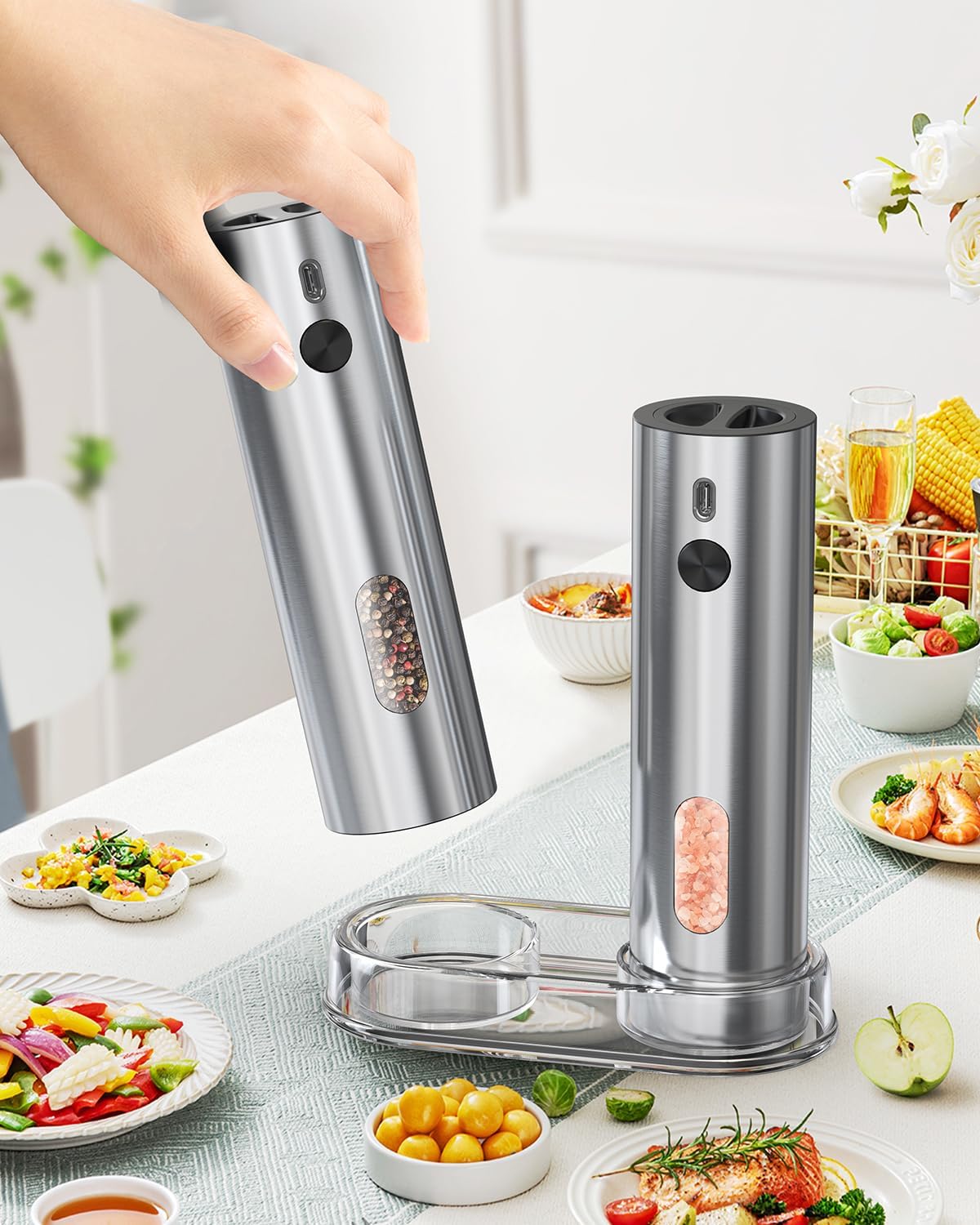 CIRCLE JOY Rechargeable Electric Salt and Pepper Grinder Set with Base, Automatic Stainless Steel Pepper Mill Grinders with 110ml Container, Adjustable Coarseness and White LED Light, Silver