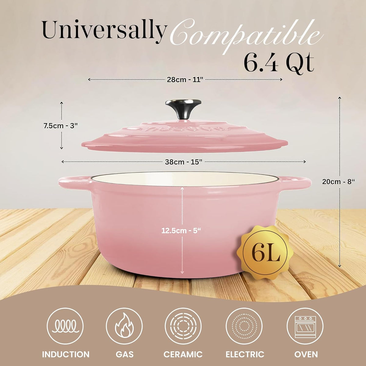 Nuovva Enamelled Cast Iron Dutch Oven Pot with Lid 6.4 Quart Non Stick Casserole Pot – Heavy Duty & Oven Safe up to 500° F for Bread Baking, Braising, Stews, Roasting – 28cm Pink