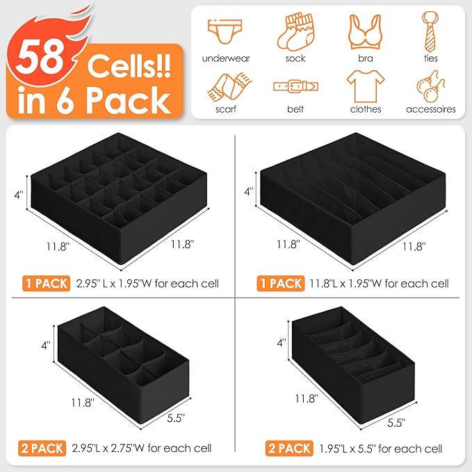 6 Pack Sock Underwear Drawer Organizer Dividers, 58 Cell Foldable Fabric Dresser Closet Organizers and Storage Bins for Clothing, Baby Clothes, Bra, Panty, Scarf, Ties (Black)