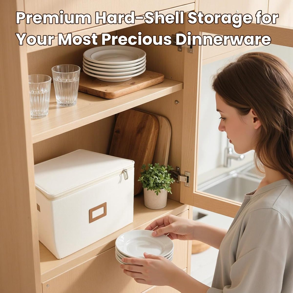 HOMELUX THEORY Coffee Mug Storage with Dividers, Ivory Hard Shell China Storage Containers, Kitchen Storage Bins With Lids, Heavy Duty Moving Box for Packing Glassware, Stemware & Glassware