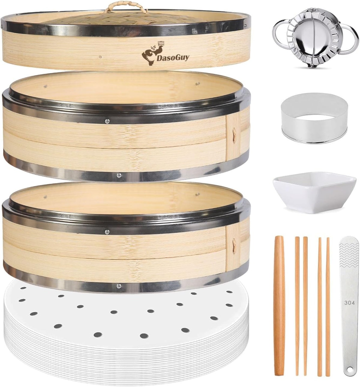 Bamboo Steamer Basket, Stainless Steel Reinforced Rim, 12-Inch 2-Tier Steamer for Cooking, 50 Liners Chopsticks Sauce Dish Dumpling Makers, Steaming Asian Food Bao Buns Dim Sum Rice Veggies Steam Pot