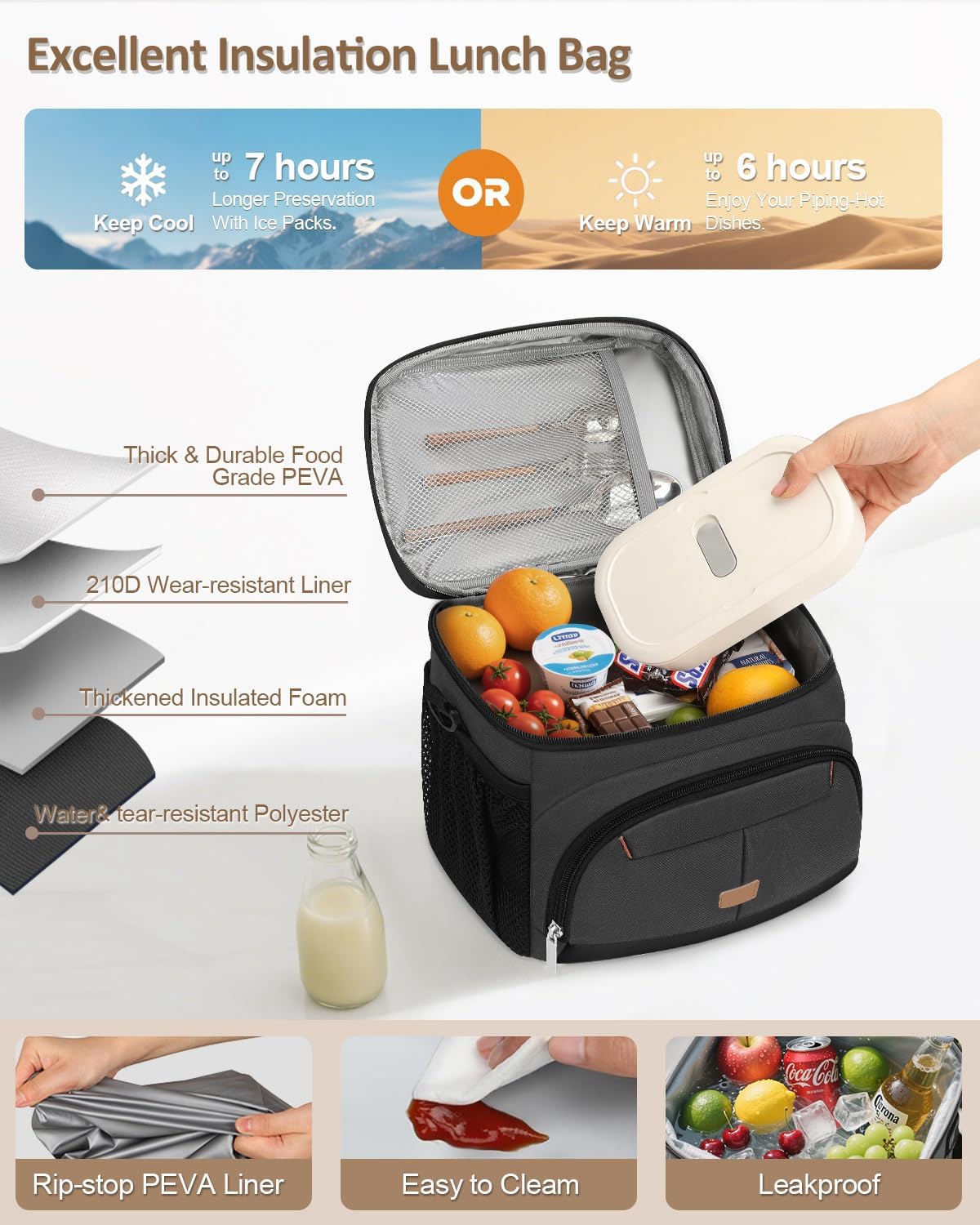 Lunch Box for Man Women, Insulated Lunch Bag Cooler Bag Leakproof Lunchbox Lunch Tote Bags with Removable Strap for Work School Picnic Travel (Grey/12L