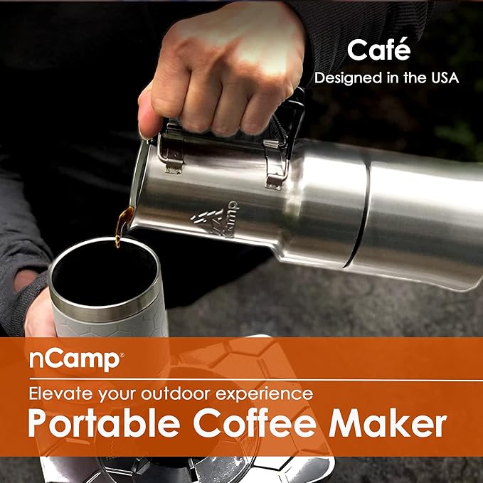 nCamp - Café, Portable Coffee Maker, Portable Espresso Machine, Compact Camping Coffee Maker, Stainless Steel Travel Coffee Maker with Camping Coffee Cup, Reusable, 12 oz