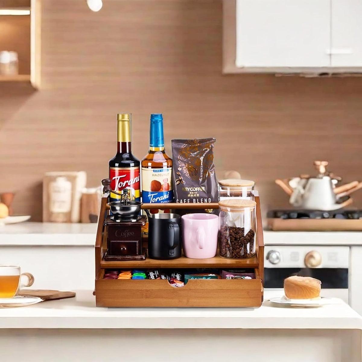 Bamboo Coffee Syrup Rack Organizer 3 Tier Coffee Syrup Rack with Cup Storage Box for Coffee Bar,Syrup Bottle Holder Stand for Syrup,Wine,Dressing for Kitchen Coffee Station,Brown