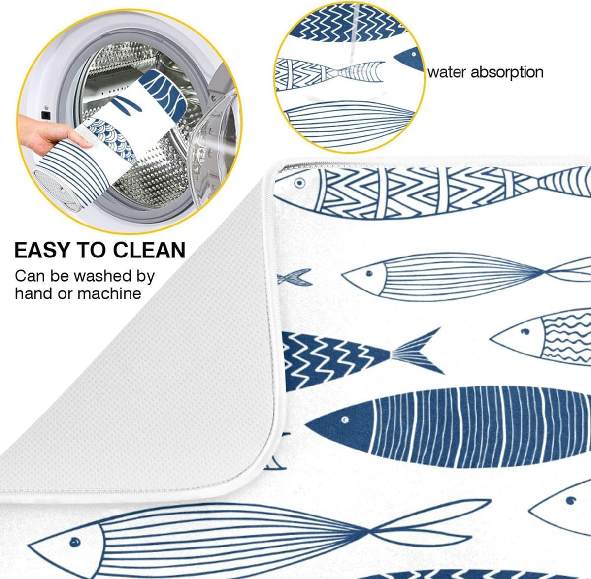 Cartoon Fish Dish Drying Mat for Kitchen Counter Absorbent Microfiber Drying Pad, Medium 16x18 in, Reversible Drainer Mats