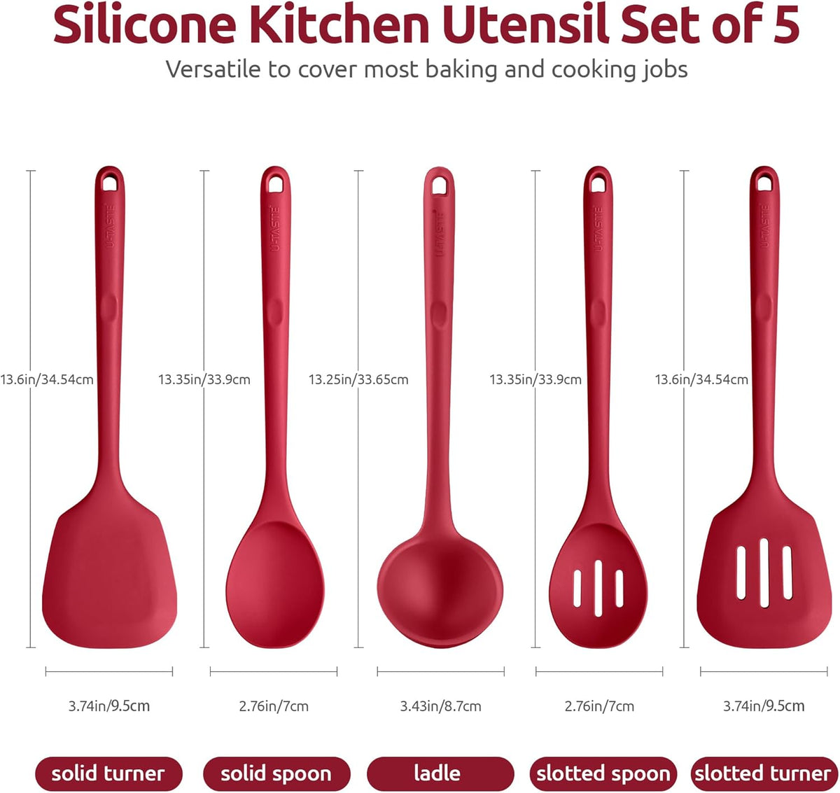 Silicone Kitchen Cooking Utensil Set: U-Taste High Heat Resistant 13.6in Long Kitchen Gadgets, BPA Free Non Stick Rubber Cook Accessories For Stir Frying, Serving, Basting, Mixing (5 Pieces, Red)