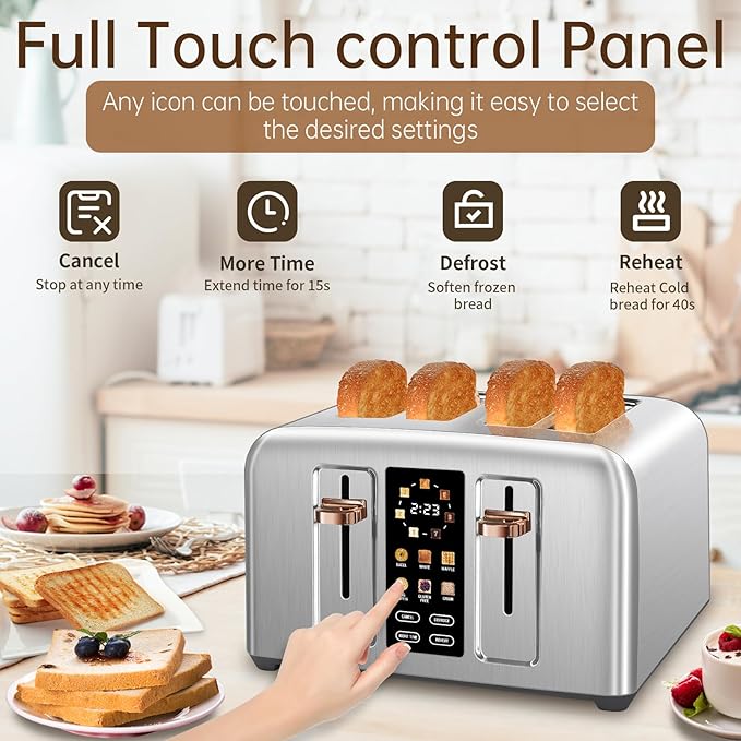 SEEDEEM Toaster 4 Slice, Stainless Toaster & Touch Control, LCD Display, 6 Bread Type, 7 Shade Settings, 1.5'' Wide Slots, Cancel/Defrost/Reheat, Removable Crumb Tray, 1800W, Silver Metallic
