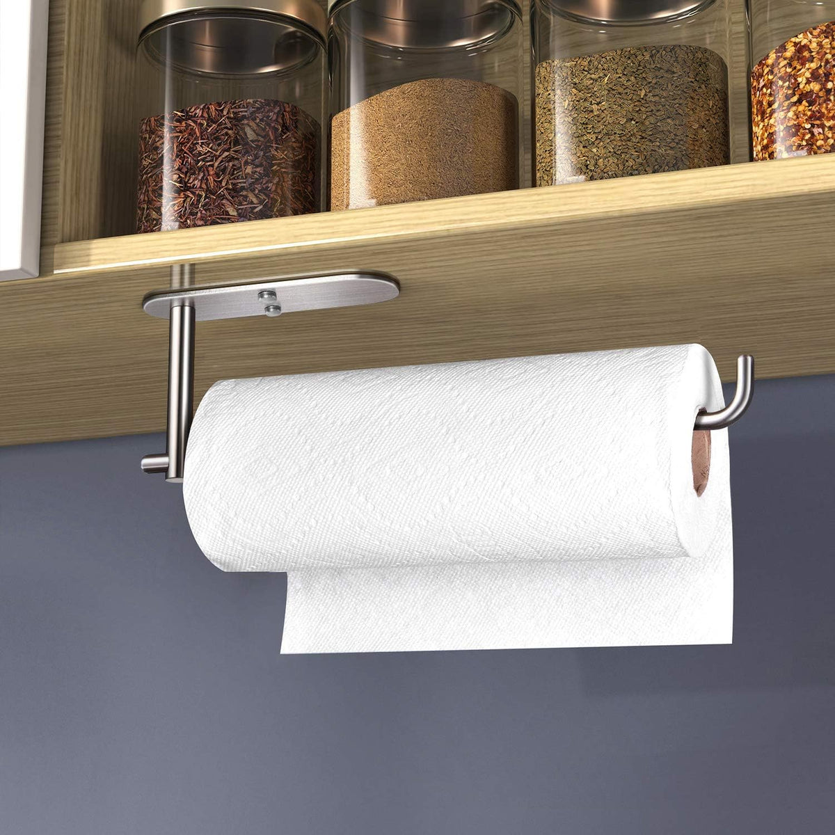 VAEHOLD Self Adhesive Paper Towel Holder Under Cabinet Mount, Wall Mounted Paper Towel Roll Holder for Kitchen, Bathroom, Wall - SUS304 Stainless Steel (Silver)