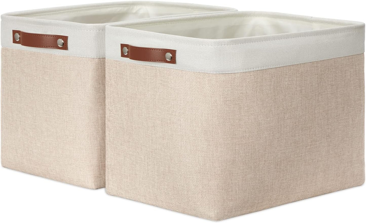 DULLEMELO 2-Pack Large Storage Baskets for Organizing 16"x12"x12" Canvas Fabric Storage Basket Bins With Leather Handles for Shelf Clothes Empty Gift Basket (White&Khaki)