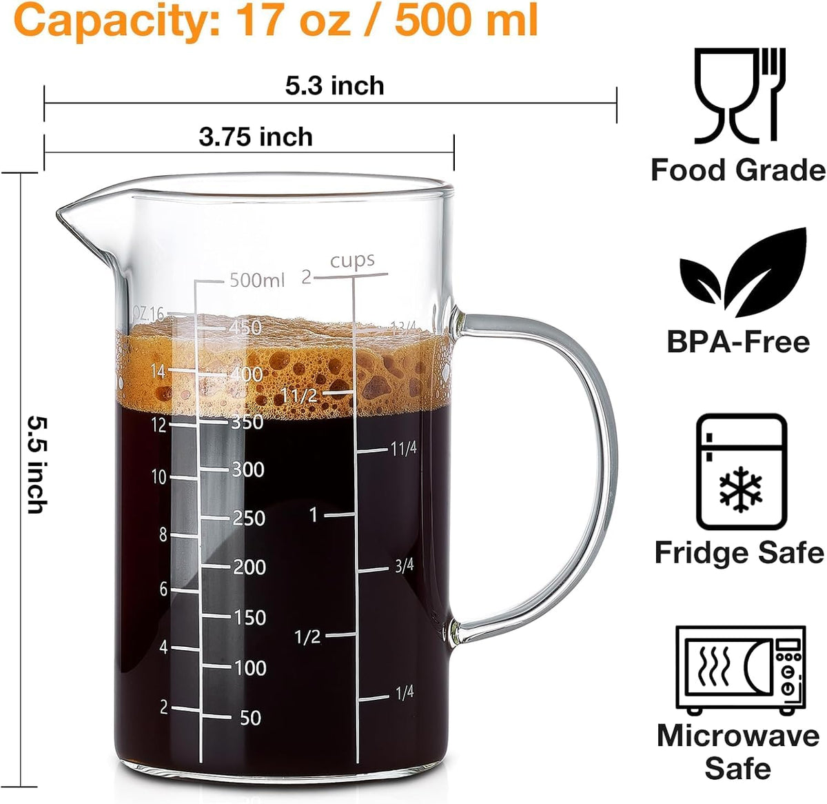 BCnmviku 500ML 2 CUP Glass Measuring Cup With Handle, High Borosilicate Glass Three Scales (OZ, Cup, ML/CC for Kitchen or Restaurant Easy To Read