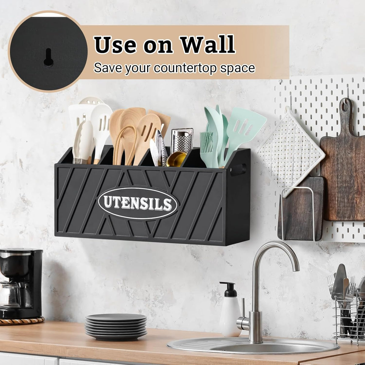 Large Wooden Utensil Holder, Black, 4 Compartments, Countertop or Wall Mount, Kitchen Gadget Organizer