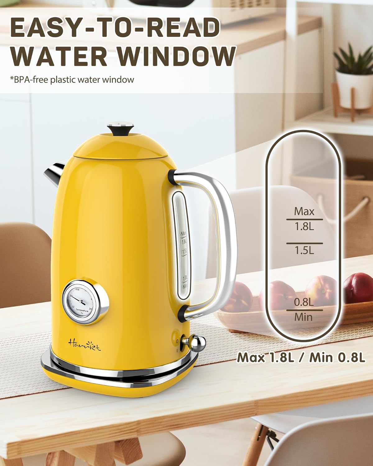 Harriet Electric Kettle, 1.8L Retro Electric Tea Kettle with Thermometer, 1500W Stainless Steel Hot Water Kettle Electric with LED Indicator, Fast Boiling, Cordless, Auto Shut-Off, Yellow