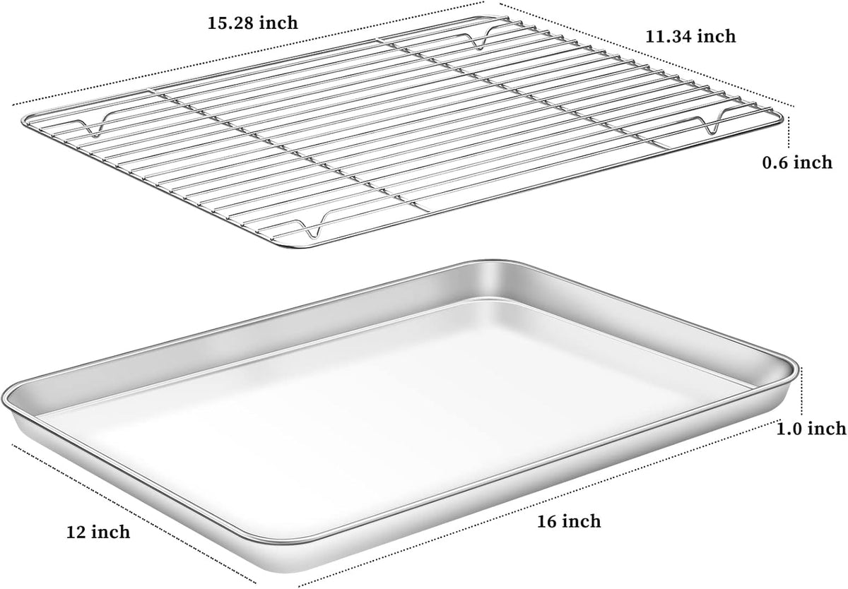 Deedro Baking Sheet with Rack Set [2 Sheets + 2 Racks], Stainless Steel Baking Pan Cookie Sheets Oven Tray with Cooling Rack, 16 x 12 x 1 Inch, Heavy Duty, Non-toxic, Easy Clean