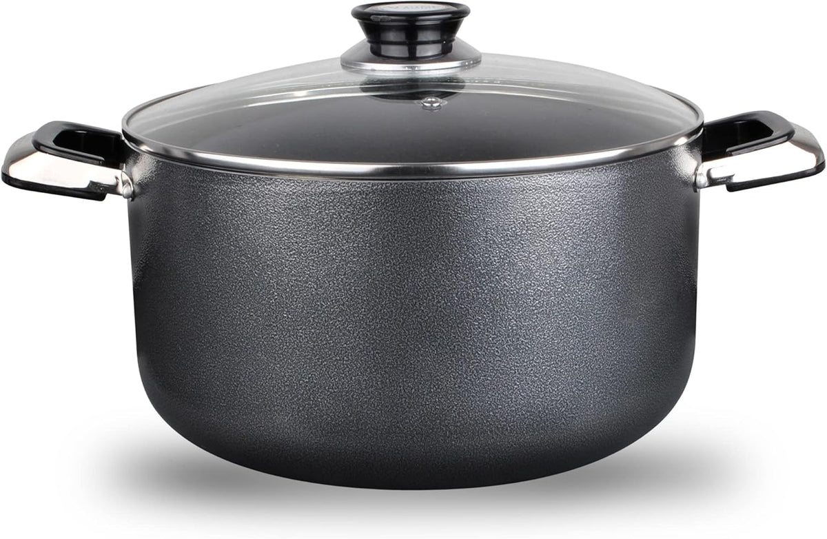 Alpine Cuisine 10 Quart Non-stick Stock Pot with Tempered Glass Lid and Carrying Handles, Multi-Purpose Cookware Aluminum Dutch Oven for Braising, Boiling, Stewing