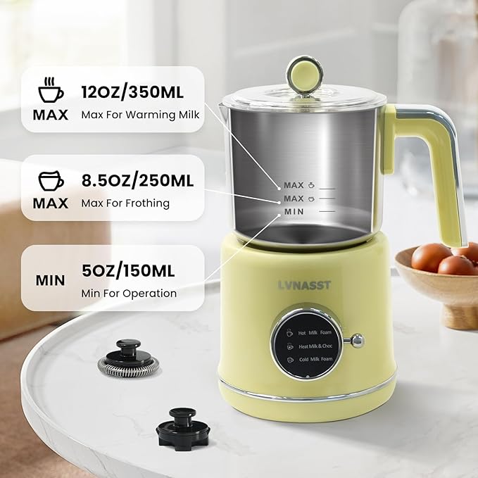 Stainless Steel Milk Frother and Steamer, 12oz Electric Milk Warmer & Foam Maker, 3in1 Hot Cold Frothing, Warm Thick Foam for Macchiatos, BPA Free