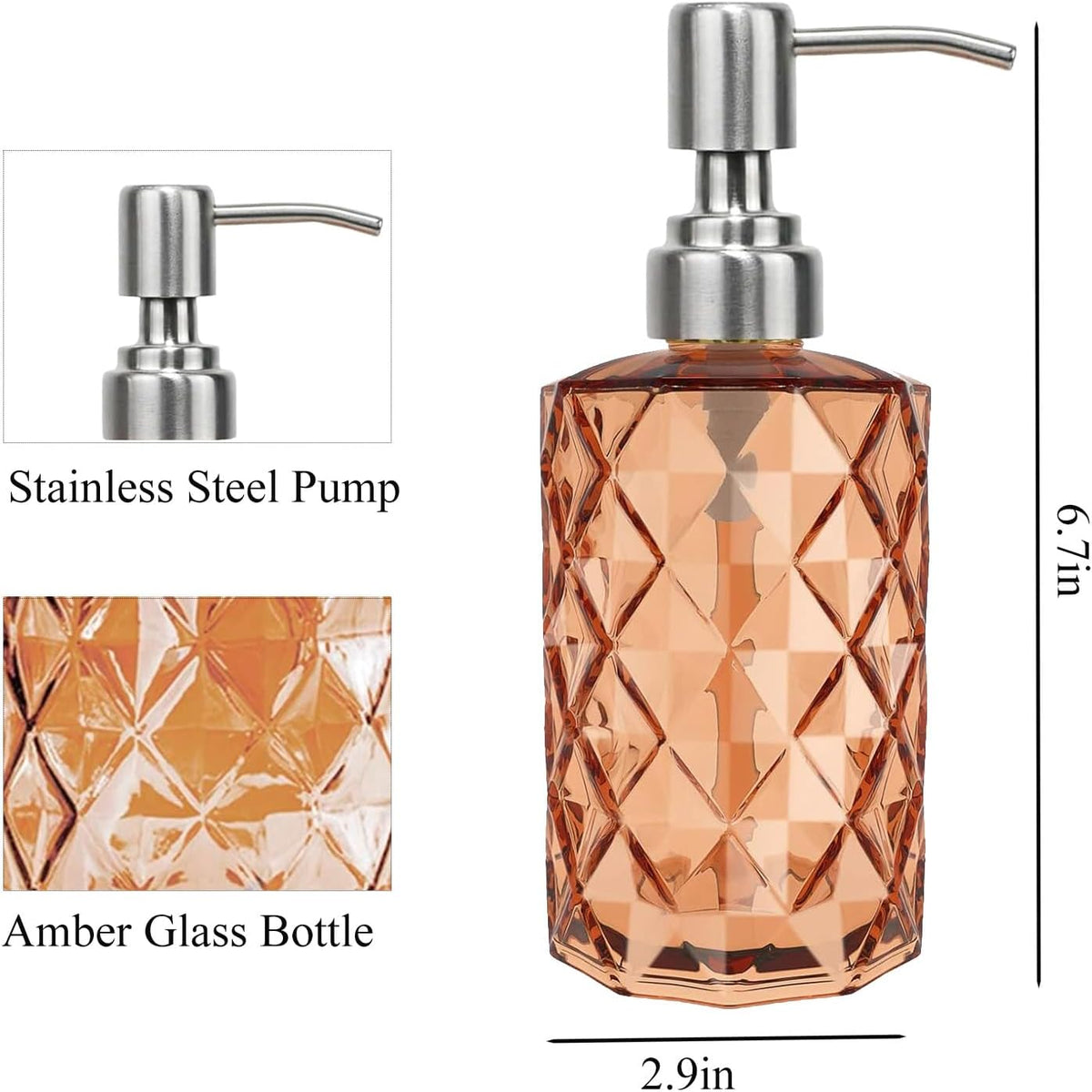 12Oz Amber Glass Soap Dispenser with Stainless Steel Pump, Refillable Kitchen Liquid Hand Soap Dispenser with Diamond Design, for Dispense Hand soap, Dish Soap, Lotion, Bathroom, Countertop, Hotel