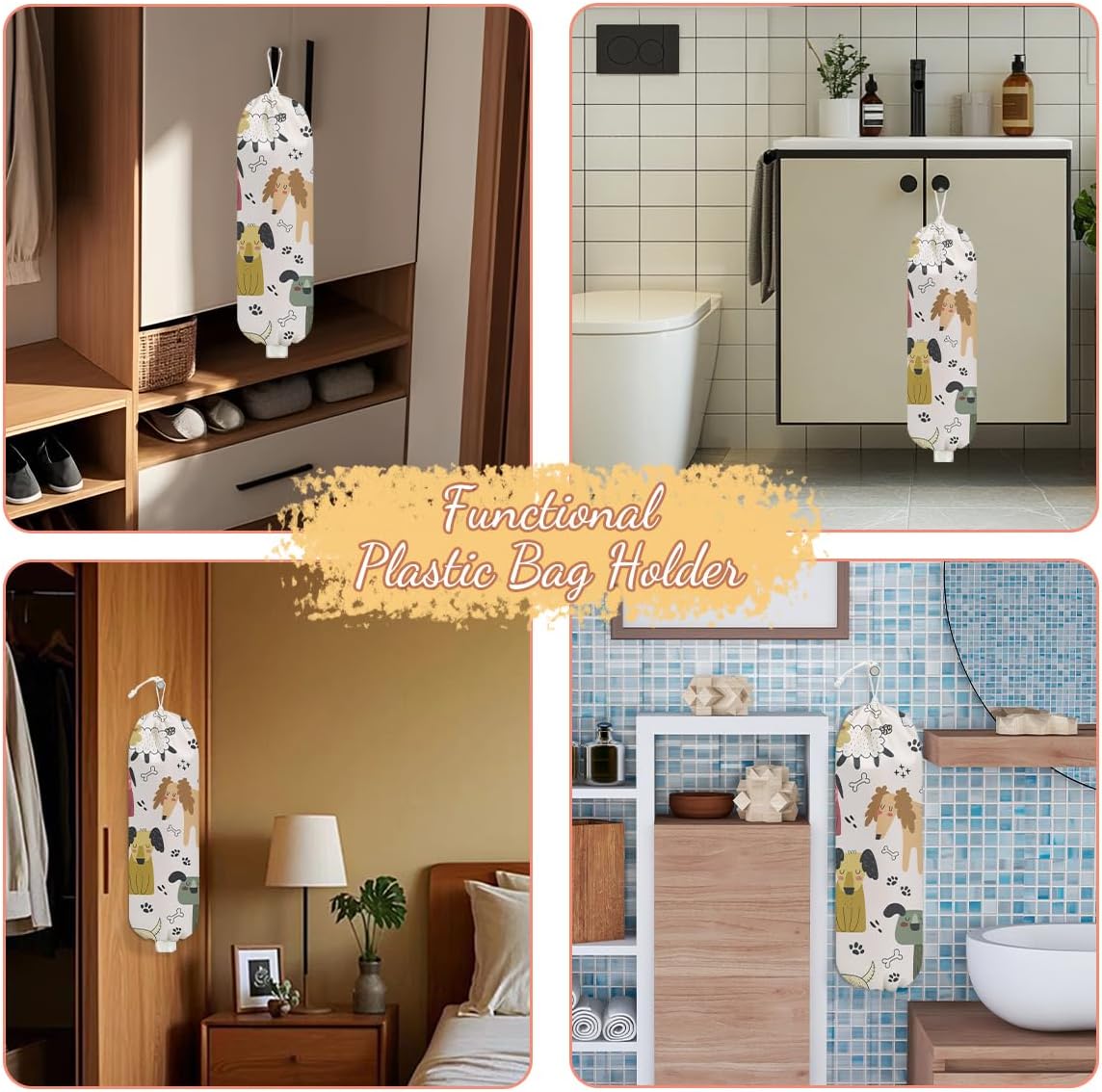 Dog Plastic Bag Holder, Wall Mount Grocery Bag Holder, Plastic Storage bag, Pull Rope Free Adjustment, Plastic Bag Holders for Grocery Bags, Plastic Bag Dispenser for Pantry Kitchen, Dog Lover Gifts