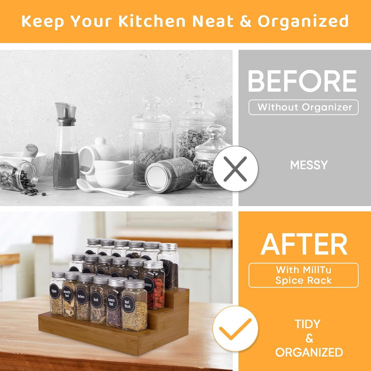Bamboo Spice Rack Organizer for Cabinet 3 Tier Countertop Step Spice Shelf for Kitchen Storage and Organizer (Brown - 2 Pack)
