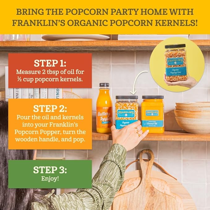 Franklin’s Gourmet Popcorn Organic Popcorn Kernels for Popping - 28oz Tub - Made in USA, Non-GMO & All-Natural - Old Fashioned Unpopped Popcorn Kernels for Popcorn Machine