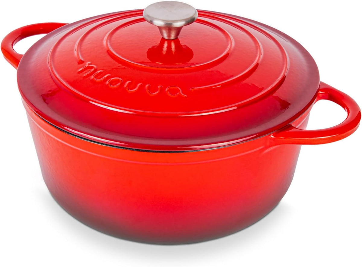 Nuovva Enamelled Cast Iron Dutch Oven Pot with Lid – 6.4 Quart Non Stick Casserole Pot – Heavy Duty & Oven Safe up to 500° F for Bread Baking, Braising, Stews, Roasting – 28cm Red